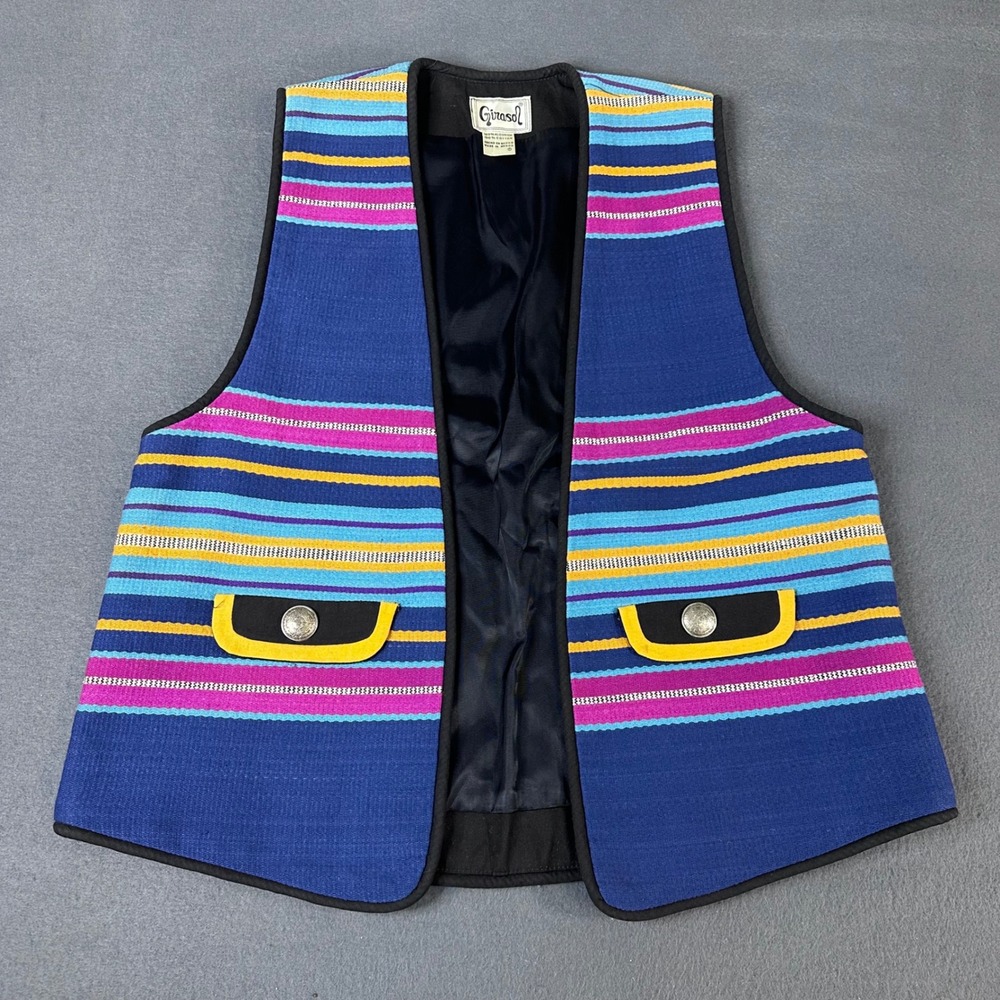 Girasol Vintage Mexican Woven Cotton Striped Vest Blue Purple Yellow Womens L